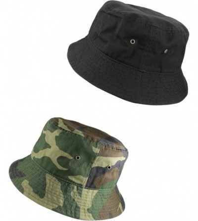 Bucket Hats 100% Cotton Packable Fishing Hunting Summer Travel Bucket Cap Hat - 2pcs Black & Camo - CJ18DOH35K5