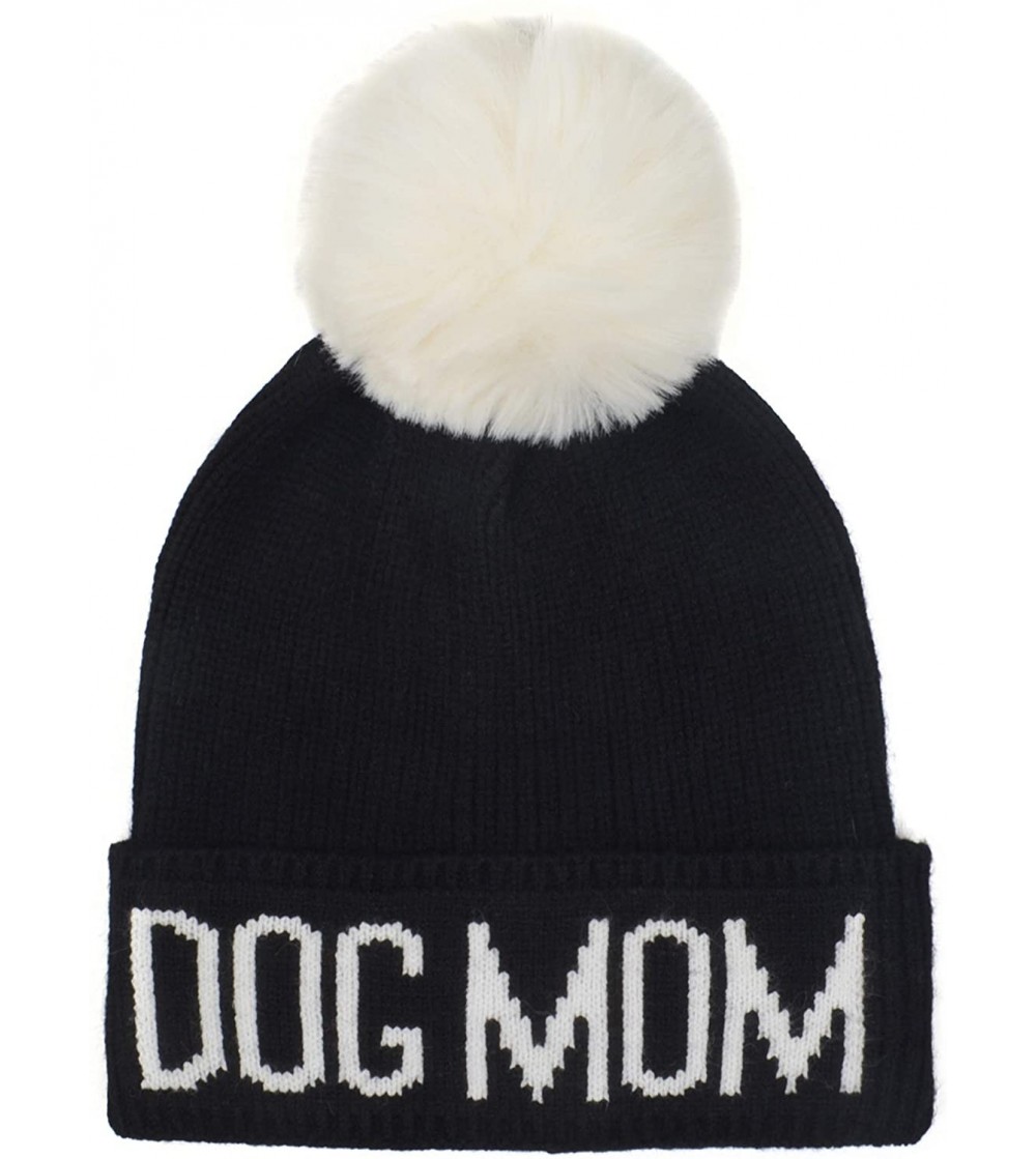 Skullies & Beanies Dog Mom Faux Fur Pompom Knit Beanie - Black Hat White Dog Mom White Pompom - CK18Z3K9LAI