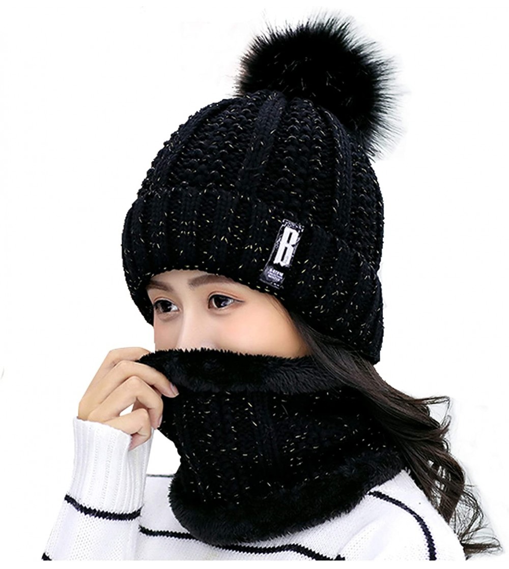 Skullies & Beanies Womens Winter Beanie Hat Scarf Set Warm Fuzzy Knit Hat Neck Scarves - Black - CM192R7YYKL