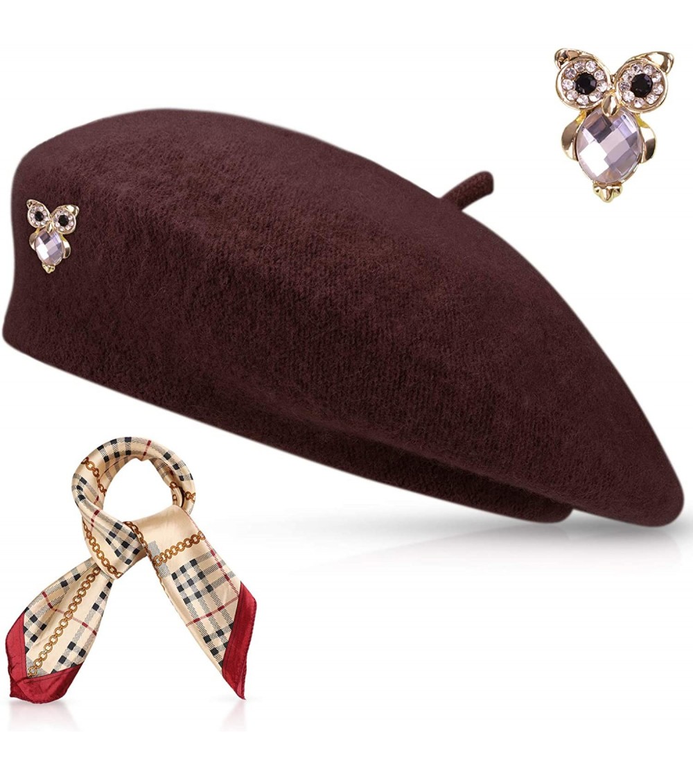 Berets Wool Beret Hat Solid Color French Beret with Skily Scarf and Brooch (Wine red) - C21883RM2O4