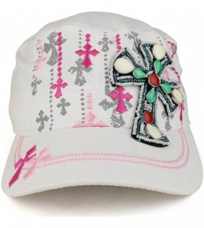 Baseball Caps Fancy Jeweled Cross Embroidered and Printed Flat Top Style Army Cap - White - CF1853RLZZH