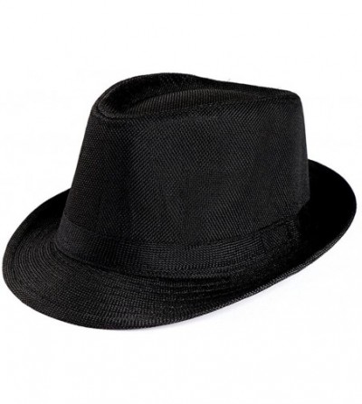 Fedoras Men's Classic Manhattan Structured Gangster Trilby Straw Hat Short Brim Panama Hat - Black - CH18TIL5HCW