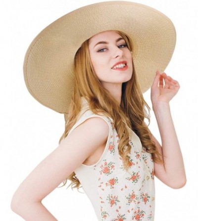 Sun Hats Womens Wide Brim Straw Hat Floppy Foldable Summer Beach Sun Hats for Women UPF50+ - Beige - C418U7GSZL8