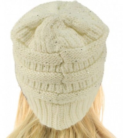 Skullies & Beanies Winter Trendy Soft Cable Knit Stretchy Warm Ribbed Beanie Skully Ski Hat Cap - Sequins Ivory - CF18HAAASDN