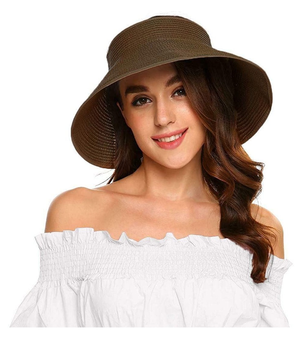 Visors Womens Sun Visor Hat- Foldable Straw Sun Hat with Cute Bowtie - Coffee - CD1943O6083
