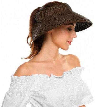 Visors Womens Sun Visor Hat- Foldable Straw Sun Hat with Cute Bowtie - Coffee - CD1943O6083