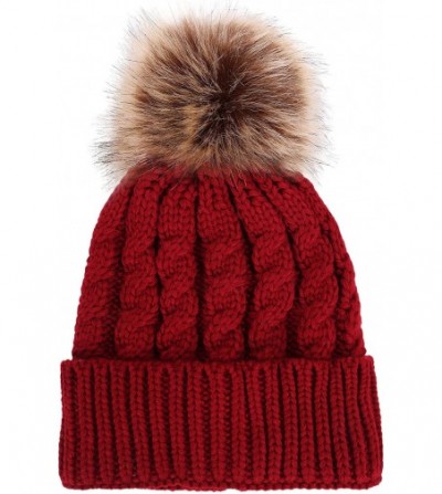 Skullies & Beanies Women's Winter Soft Knit Beanie Hat with Faux Fur Pom Pom - No Fleece Lined_burgundy - CV12N0CQBX0