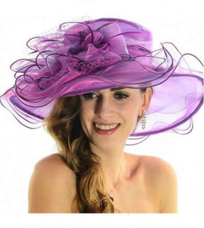 Sun Hats Women Organza Church Kentucky Derby Dress Fascinator Wide Brim Floral Tea Party Wedding Hat - Purple - CE12F6WO0G3