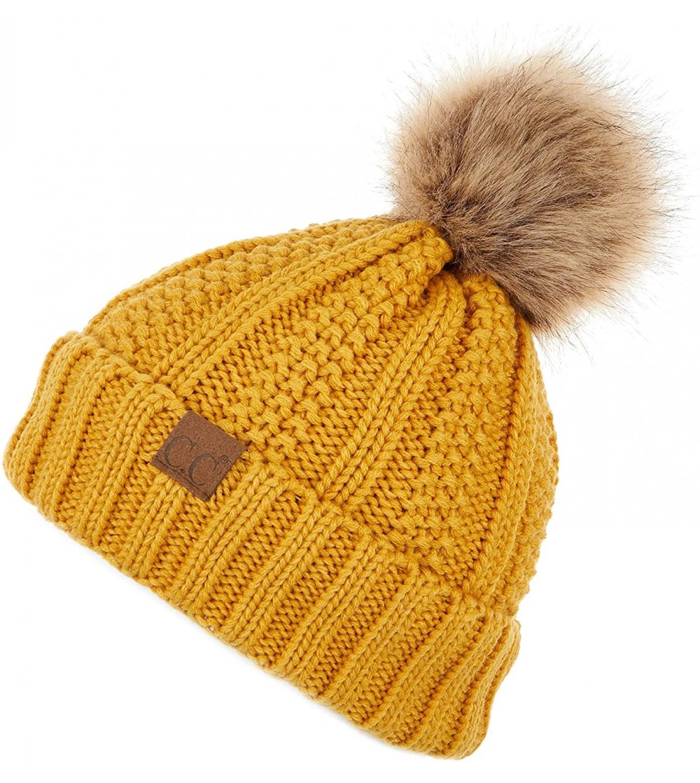 Skullies & Beanies Exclusives Fuzzy Lined Knit Fur Pom Beanie Hat (YJ-820) - Mustard - CN18SLZ7C43