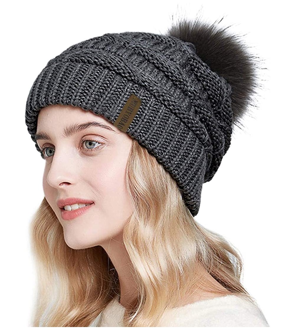 Skullies & Beanies Womens Winter Knit Slouchy Beanie Hat Warm Skull Ski Cap Faux Fur Pom Pom Hats for Girls Dark Grey - CJ18A...