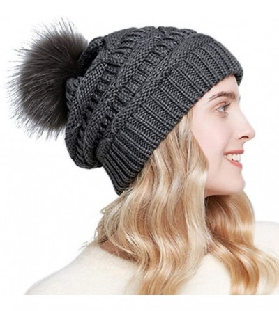 Skullies & Beanies Womens Winter Knit Slouchy Beanie Hat Warm Skull Ski Cap Faux Fur Pom Pom Hats for Girls Dark Grey - CJ18A...