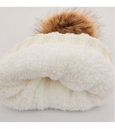 Skullies & Beanies Exclusives Fuzzy Lined Knit Fur Pom Beanie Hat (YJ-820) - Ivory - CY18I6S8SRQ