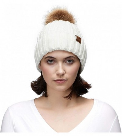 Skullies & Beanies Exclusives Fuzzy Lined Knit Fur Pom Beanie Hat (YJ-820) - Ivory - CY18I6S8SRQ