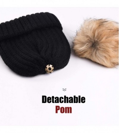 Skullies & Beanies Womens Winter Knitted Beanie Hat with Faux Fur Pom Warm Knit Skull Cap Beanie for Women - 02-black - CU185...