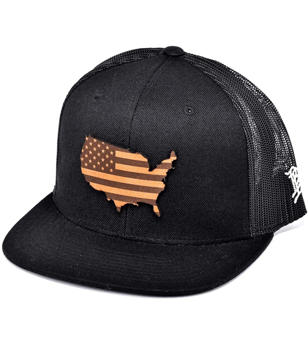 Baseball Caps 'The Patriot' Leather Patch Hat Flat Trucker - One Size Fits All - Black - C818IGOWQQ3