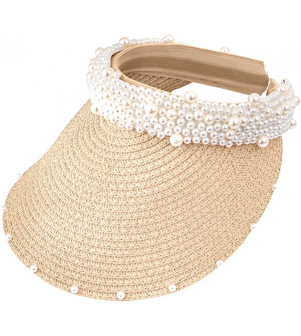 Sun Hats Womens Wide Brim Straw Visor with Pearl Headband for Beach Outdoor Sun Hats - Cream - CG198W86G6A