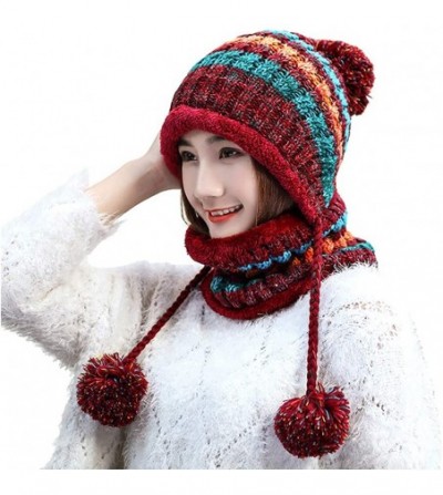 Skullies & Beanies Women Velvet Knitted Beanie Hat with Scarf Winter Ear Flap Pom Pom Cap - Wine Red - CA18IET88HU