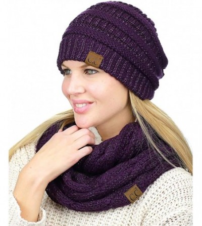 Skullies & Beanies Unisex Soft Stretch Chunky Cable Knit Beanie and Infinity Loop Scarf Set - Purple Metallic - CF18KIIG3RC