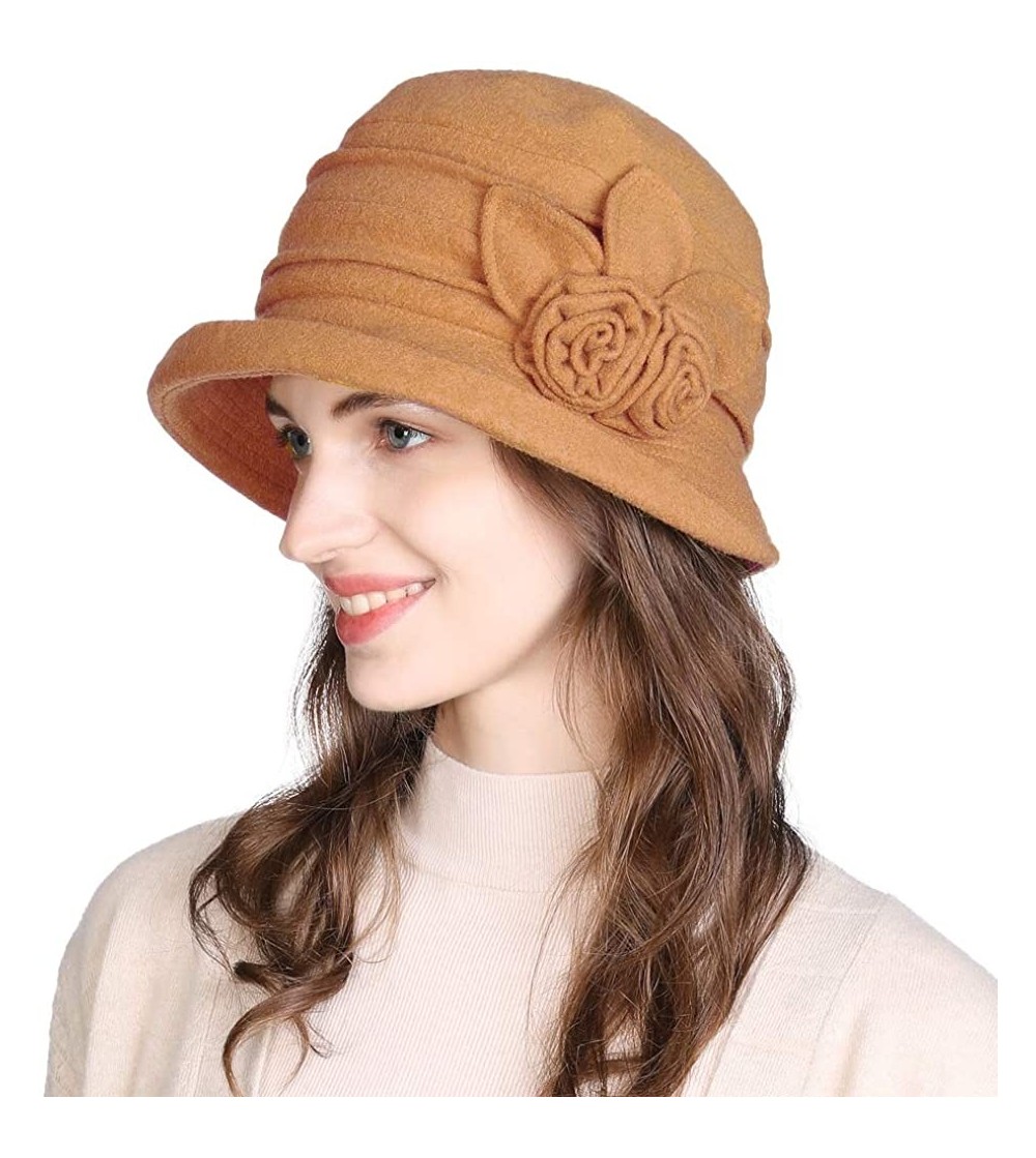 Bucket Hats Cloche Round Hat for Women 1920s Fedora Bucket Vintage Hat Flower Accent - 16076_camel - CO12M68T8KN