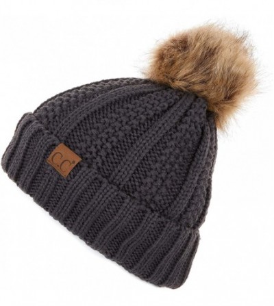 Skullies & Beanies Exclusives Fuzzy Lined Knit Fur Pom Beanie Hat (YJ-820) - Dk. Mel Grey - CQ18I6QEGAK