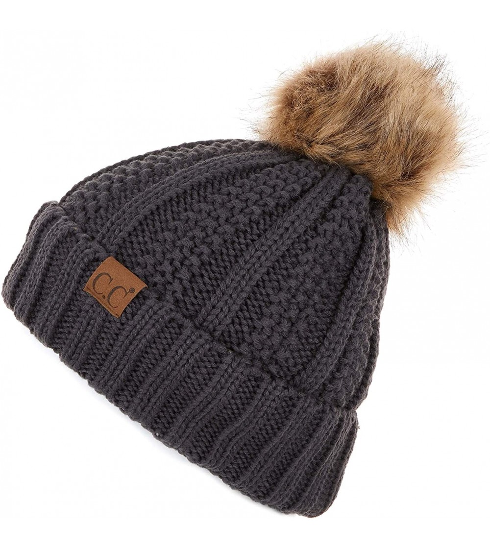 Skullies & Beanies Exclusives Fuzzy Lined Knit Fur Pom Beanie Hat (YJ-820) - Dk. Mel Grey - CQ18I6QEGAK