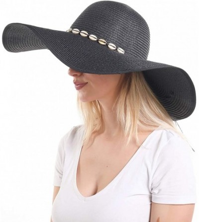 Sun Hats Womens Wide Brim Straw Hat Floppy Foldable Roll up Cap Beach Sun Hat UPF 50+ - Black - CU194L28NU3