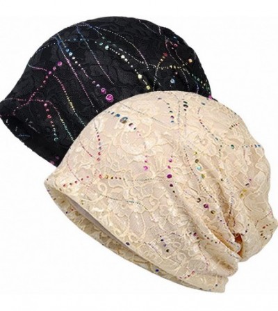 Skullies & Beanies Cotton Slouchy Beanie Hat Hair Covers Soft Night Sleep Cap for Women - 2 Pairs Black- Beige - CX18CK64CS6