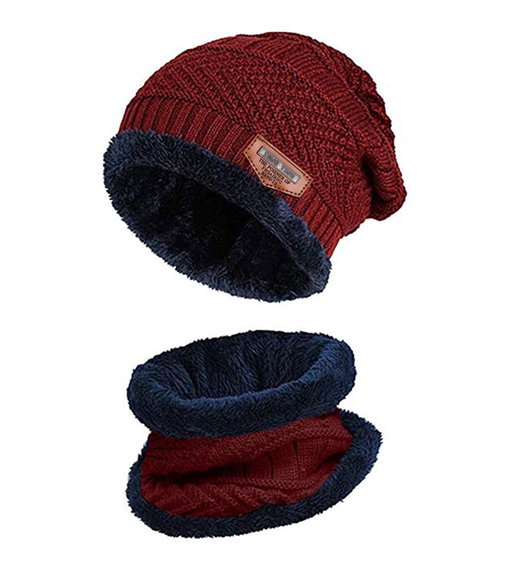 Cold Weather Headbands Men Warm Beanie Winter Thicken Hat and Scarf Two-Piece Knit Windproof Cap - Red - CW192ZL3KLE