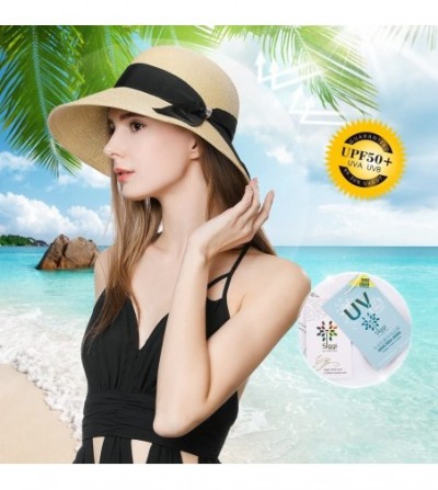 Sun Hats Womens Summer Sun Beach Straw Hats UPF Protective Panama Fedora Outdoor Patio - 00721_beige - C118RXXM5AN