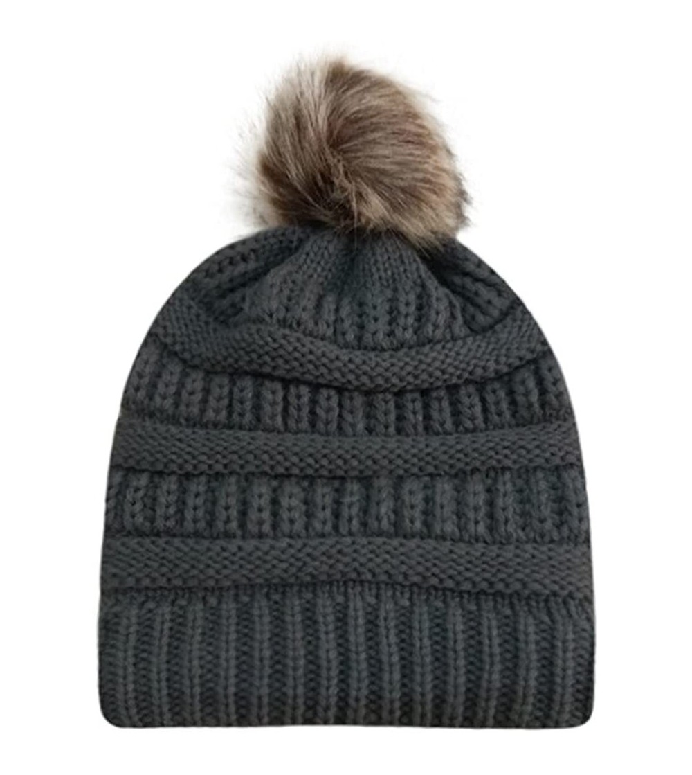 Skullies & Beanies Womens Knit Cap Winter Warm Crochet Knit Faux Fur Pom Pom Beanie Hat - Dark Gray - C118I9KZ27K