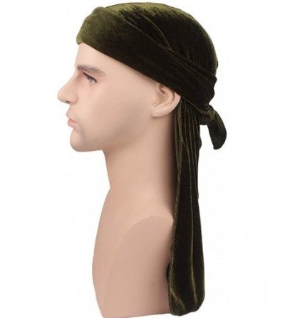 Skullies & Beanies Men's Soft Velvet Long Tail Wide Straps Durag Solid Color Cap Turban Headwrap - Army Green - CK18GRDS7SM