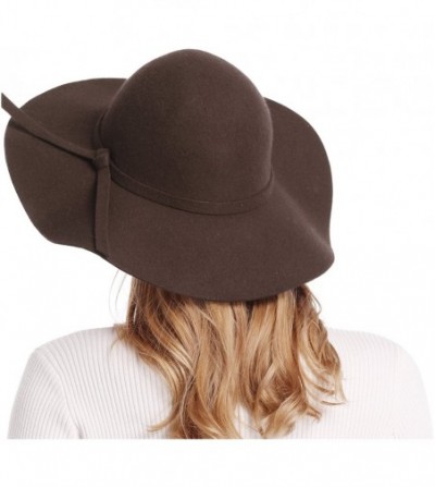 Fedoras Women's Wide Brim Wool Ribbon Band Floppy Hat - Coffee - CQ11N7Q060P