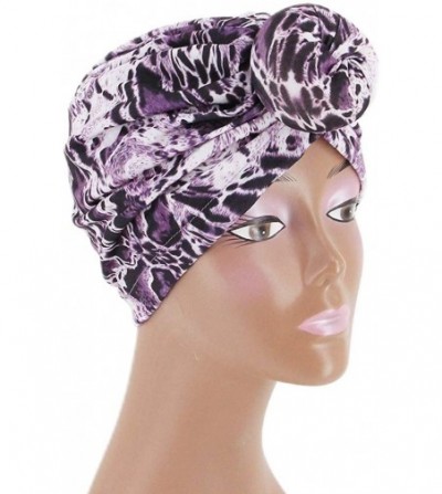 Skullies & Beanies Shiny Metallic Turban Cap Indian Pleated Headwrap Swami Hat Chemo Cap for Women - Purple Leopard - CP18Z2O...