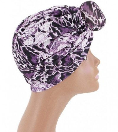 Skullies & Beanies Shiny Metallic Turban Cap Indian Pleated Headwrap Swami Hat Chemo Cap for Women - Purple Leopard - CP18Z2O...