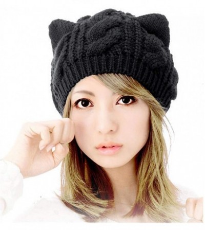Skullies & Beanies Women Teen Girls Cute Cat Ears Knit Winter Warm Hat Soft Beanie Skully Cap - Black - C018953H3Q8