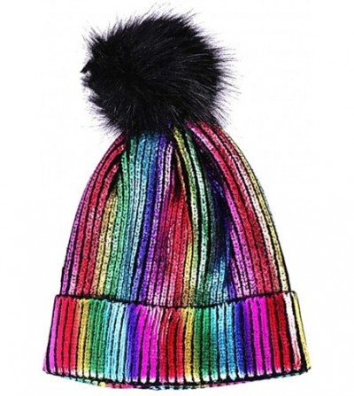 Skullies & Beanies Winter Pom Pom Beanie Hat Metallic Color Shiny Warm Knitted Women Cap - Multicoloured - CM18L7QIY8M