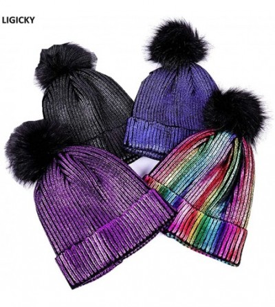 Skullies & Beanies Winter Pom Pom Beanie Hat Metallic Color Shiny Warm Knitted Women Cap - Multicoloured - CM18L7QIY8M