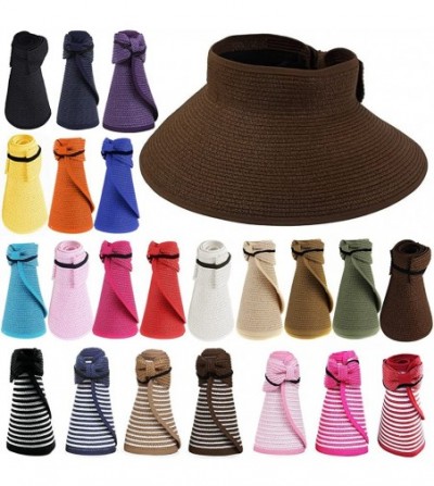 Visors Women Wide Brim Roll-up Striped/Ribbe Straw Sun Visor Packable Summer Beach Hat Bucket Pool Cap - Coffee - C012O1XXY7H