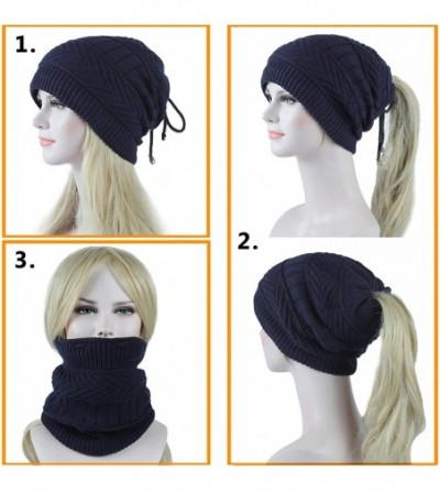 Skullies & Beanies Ponytail Beanie Hat for Women Messy Bun Knitted Hat Fleece Lined Neck Gaiters - Navy - CH192MLCQEY