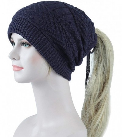 Skullies & Beanies Ponytail Beanie Hat for Women Messy Bun Knitted Hat Fleece Lined Neck Gaiters - Navy - CH192MLCQEY