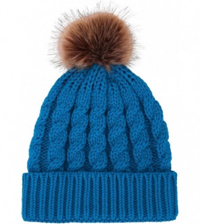 Skullies & Beanies Winter Hand Knit Beanie Hat with Faux Fur Pompom - Royal Blue - C91827YMTZR