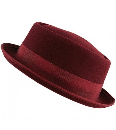 Fedoras Women's Wool Felt Solid Color Band Accent Classic Porkpie Hat - Burgundy - C411UH9F2B3