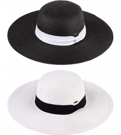 Sun Hats Women's Sun Hat Adjustable Floppy Wide Brim Travel Beach Straw Cap - Black & White - C518SA2O3ON