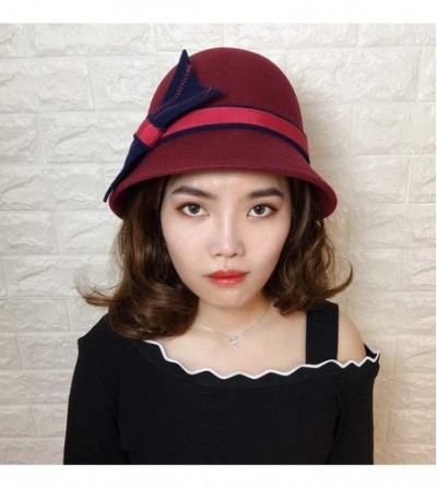 Bucket Hats Womens 100% Wool Contrast Color Bowknot Bucket Hat Cloche Hat Winter Hat - A-wine Red - CR18I89ZN0M