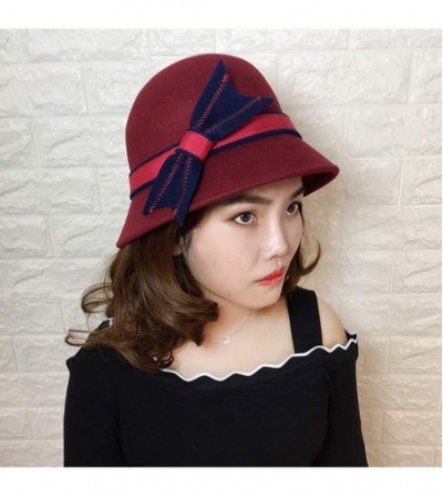 Bucket Hats Womens 100% Wool Contrast Color Bowknot Bucket Hat Cloche Hat Winter Hat - A-wine Red - CR18I89ZN0M