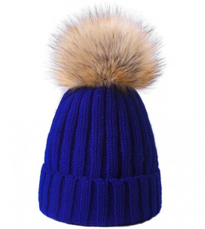 Skullies & Beanies Knitted Warm Winter Slouchy Beanie Hats with Faux Fur Pom Pom Hat Chunky Slouchy Ski Cap - Blue - CC18I8MZC2D