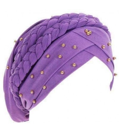 Skullies & Beanies Stay Beautiful Studded Chemo Hair Loss Cap Cancer Head Wrap Turban with Braided Lace for Women - Purple - ...