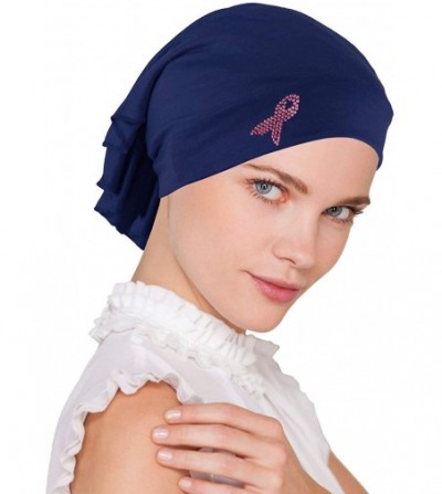 Skullies & Beanies Breast Cancer Awareness Soft Bandana Head Wrap Hat with Pink Ribbon Metallic Rhinestud - 07- Navy Blue - C...