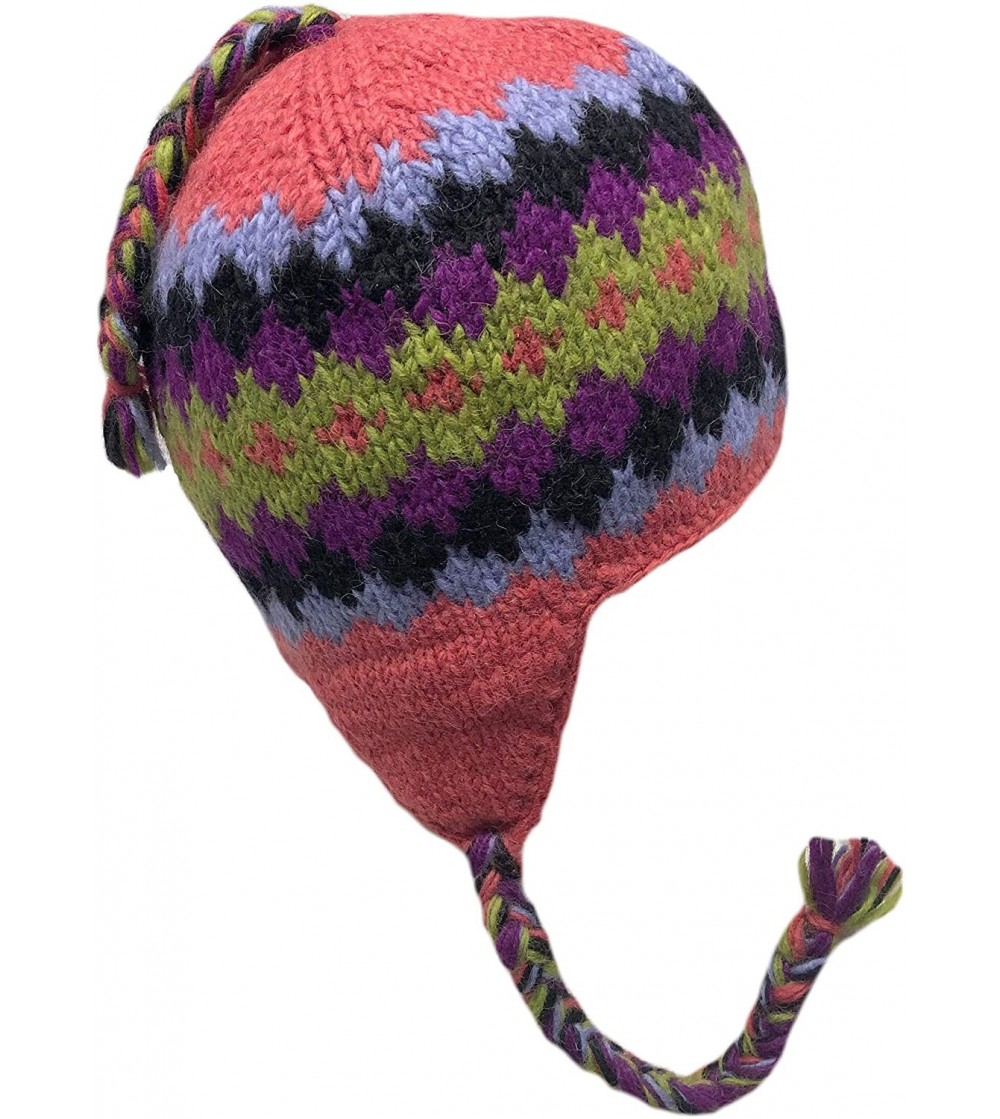 Skullies & Beanies Nepal Hand Knit Sherpa Hat with Ear Flaps- Trapper Ski Heavy Wool Fleeced Lined Cap - Salmon/Purple Diamon...