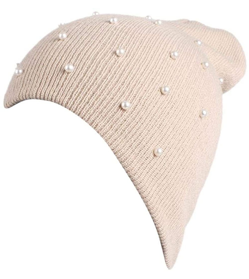Skullies & Beanies Womens Hat Winter- Faux Pearls Warm Chunky Beanie Hats Cap - Beige - CX188RH6MRG